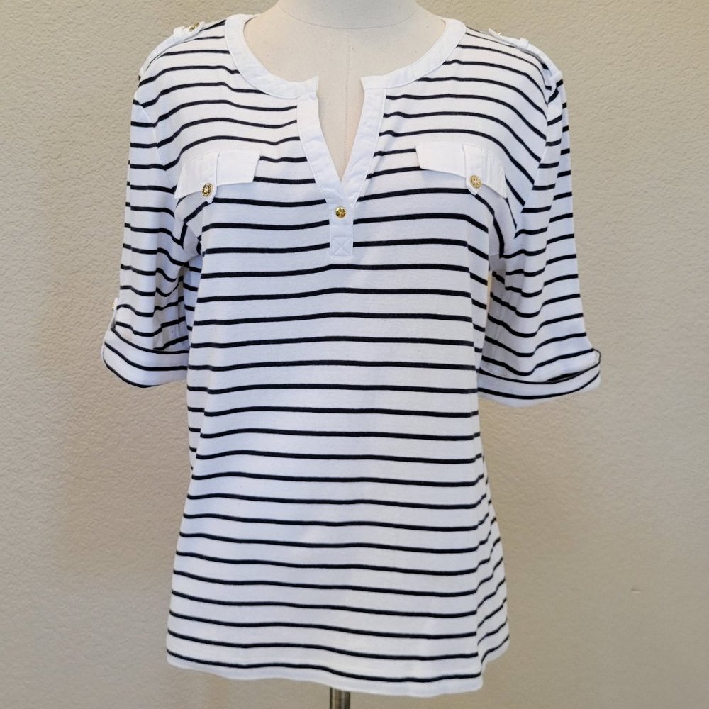 JONES NEW YORK Tailored Women Top 3/4 Sleeves Blue and White Stripes Size XL